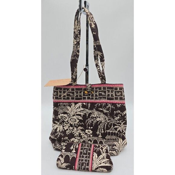 Vera Bradley Quilted Tote Bag & Matching Wallet - Brown/Beige Asian-Inspired Pri - Picture 2 of 5